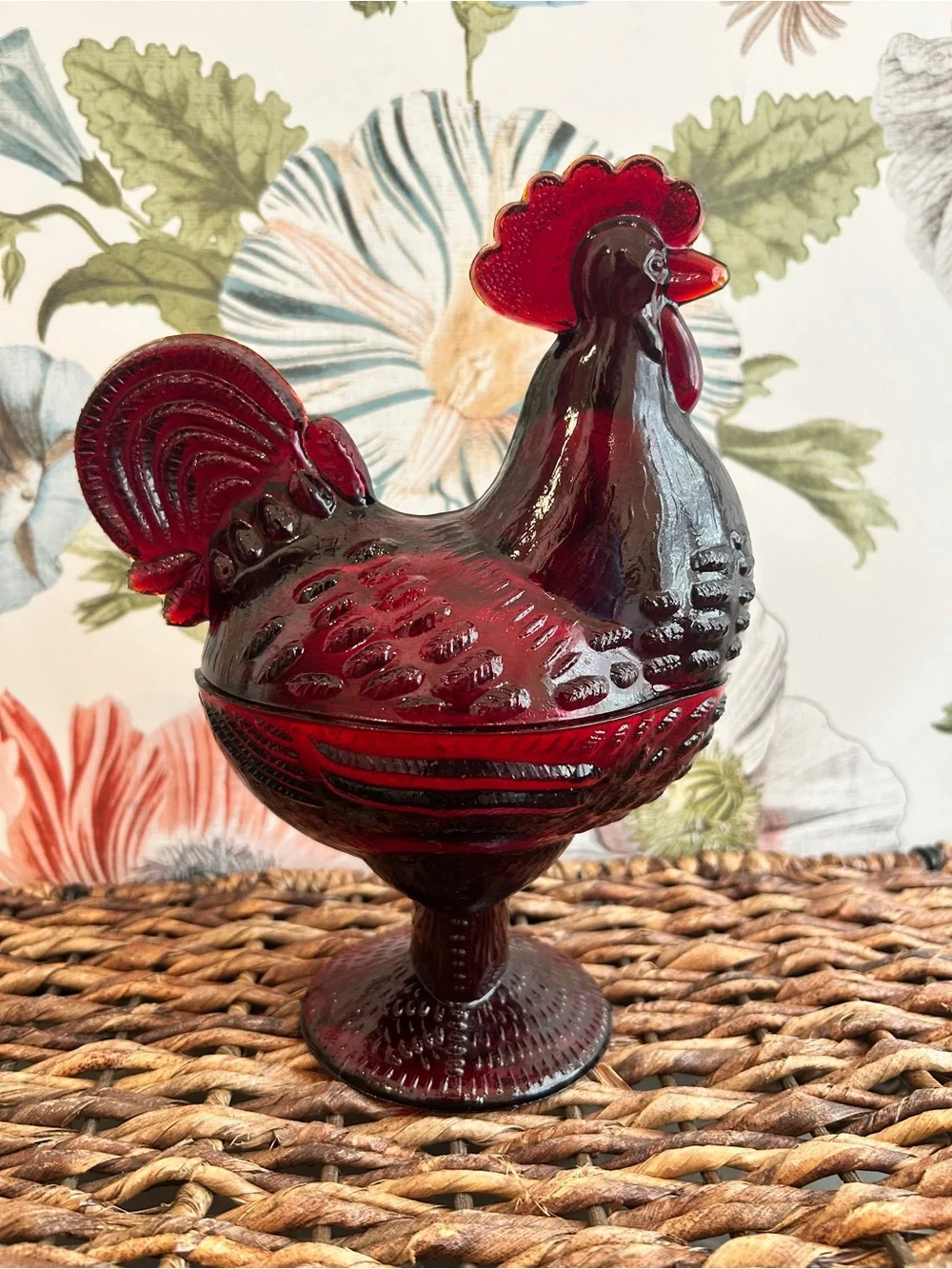 Ruby Red Glass Rooster Covered Dish Farmhouse Kitchen Decor Candy Trinket Box